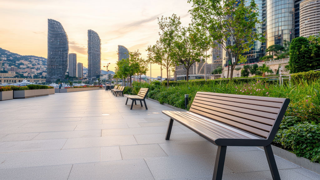 Wheelchair user navigating accessible public space with tactile paving and clear routes