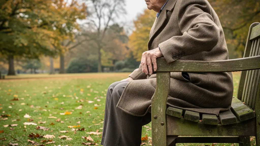 Elderly person using bench armrest for support in UK park setting