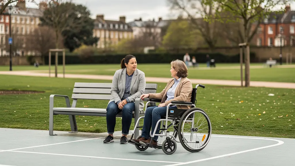Public park bench with clear adjacent space for wheelchair user positioned nearby