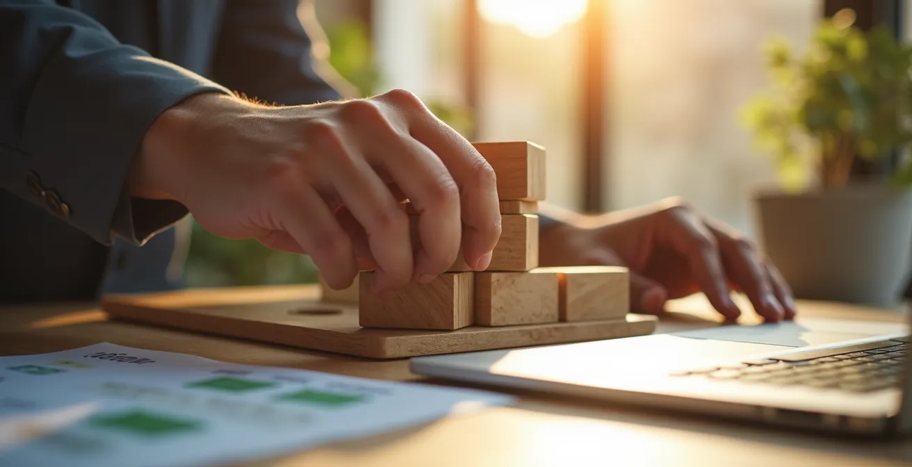 Abstract representation of modular system migration with interconnected geometric blocks