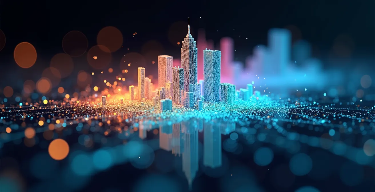 Macro close-up of colorful point cloud data visualization showing density variations and optimization patterns