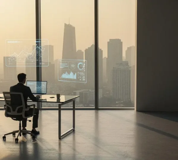 Professional wealth manager analyzing digital investment portfolio with AI-powered analytics on multiple screens