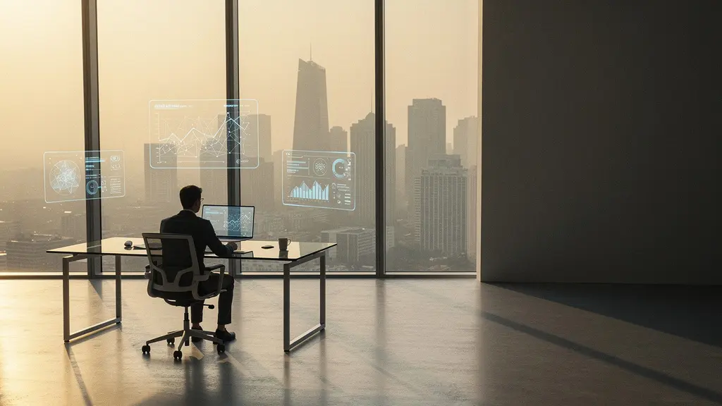 Professional wealth manager analyzing digital investment portfolio with AI-powered analytics on multiple screens