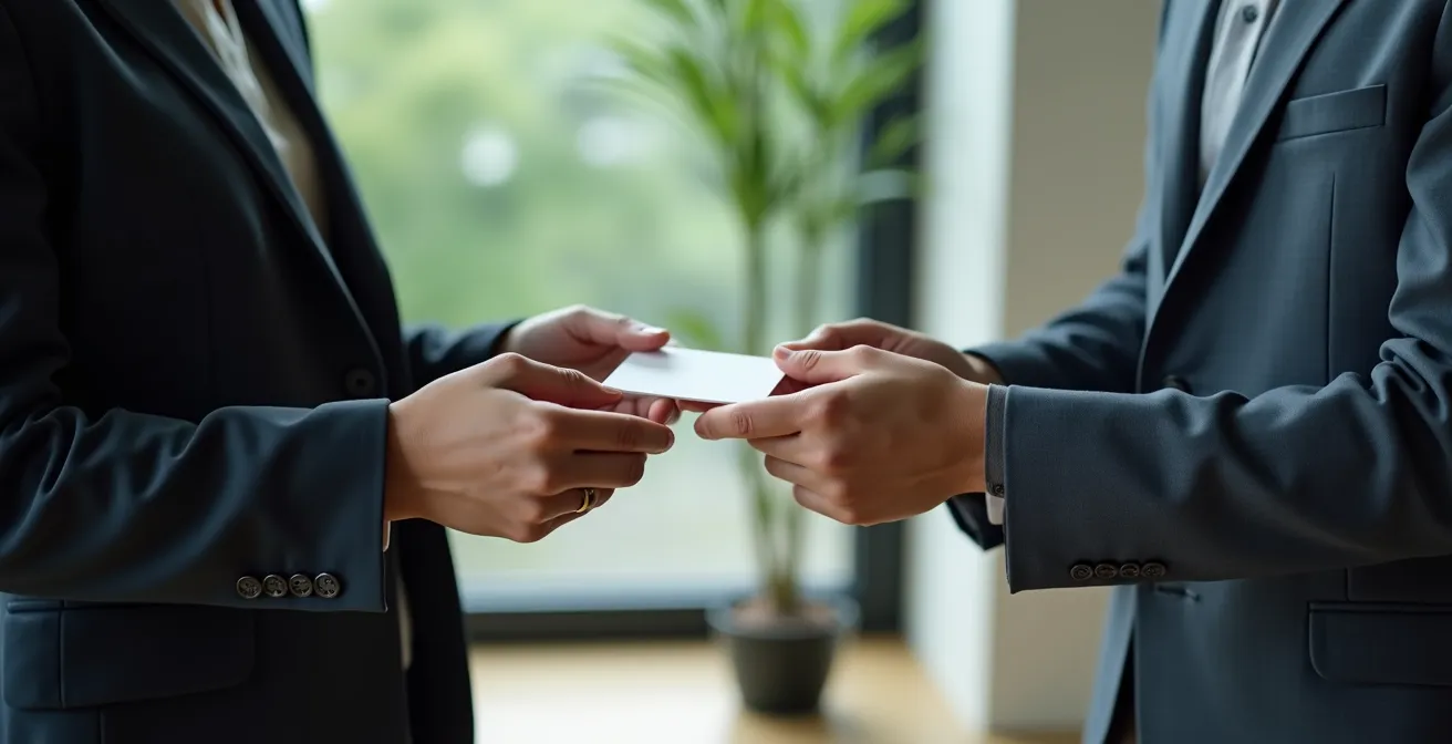 Professional exchange of business cards with both hands in modern Asian office setting