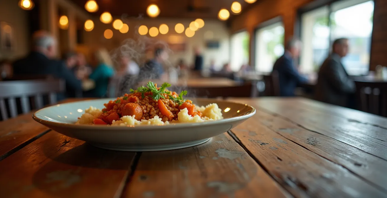 Close-up of a steaming dish on a weathered wooden table in a bustling, authentic neighborhood restaurant.