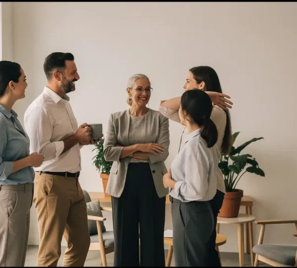 A calm, sunlit office scene with a small group of employees in relaxed conversation, suggesting a supportive well-being culture.