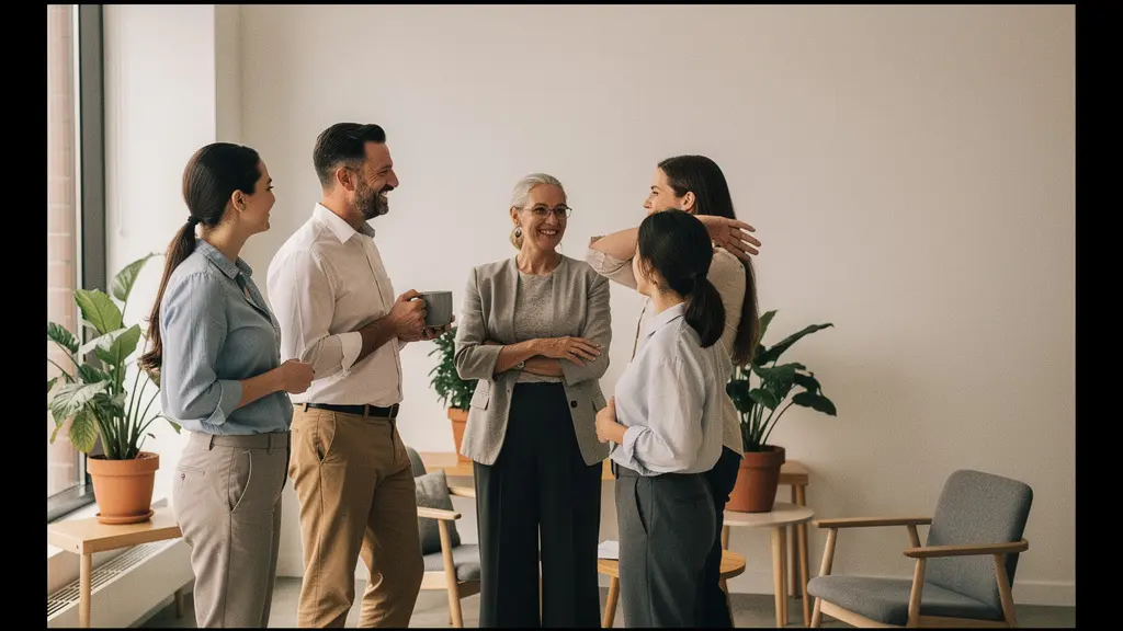 A calm, sunlit office scene with a small group of employees in relaxed conversation, suggesting a supportive well-being culture.