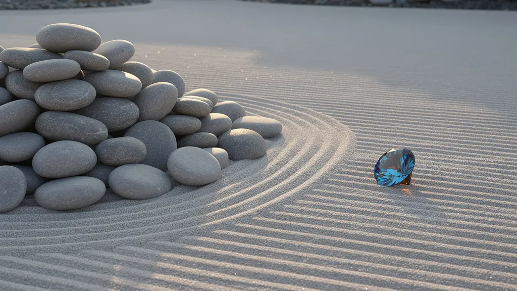 A minimalist composition showing a large pile of smooth, stable grey stones balanced against a single, small, vibrant gemstone, illustrating the barbell investment strategy.
