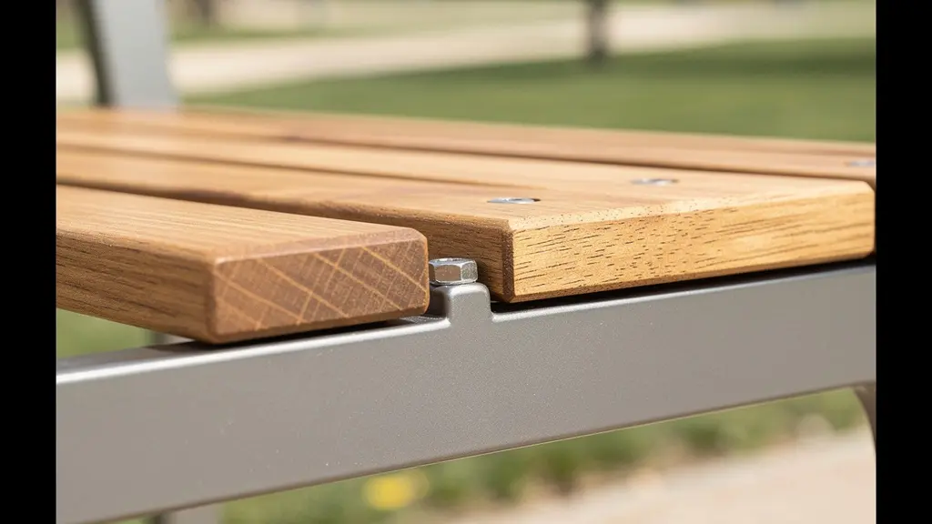 Close-up detail of outdoor bench showing oak slat texture and galvanised steel frame connection