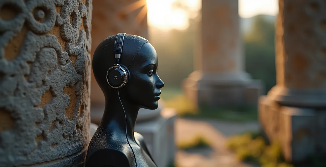 Sound engineer recording ambient audio at ancient ruins using specialized binaural microphone equipment