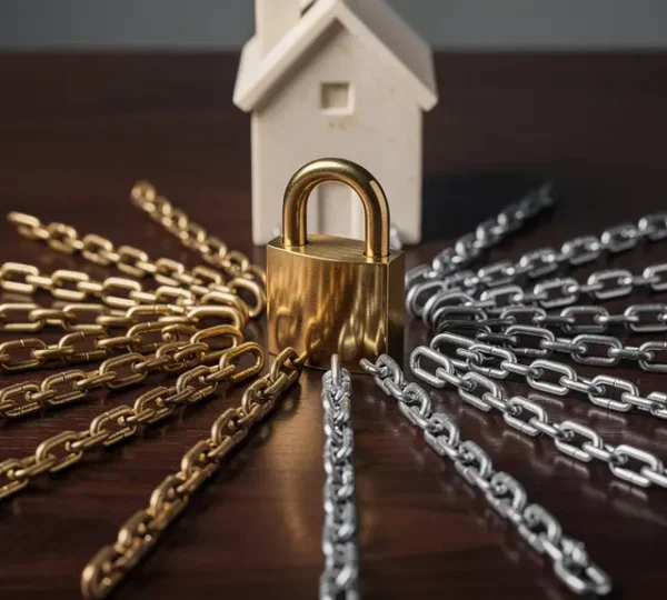 Abstract golden padlock merging with interconnected chain links on a minimalist surface, symbolizing blockchain security for real estate transactions