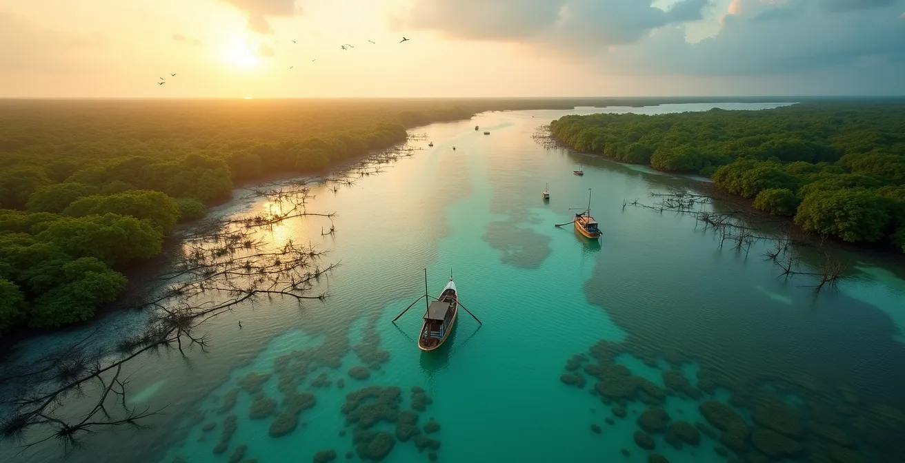 A thriving mangrove forest seen from above, showcasing the intricate root systems and the beauty of a healthy blue carbon ecosystem.