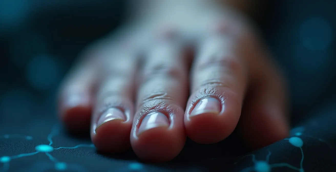 Extreme close-up of human fingertips showing sensory receptors and nerve endings