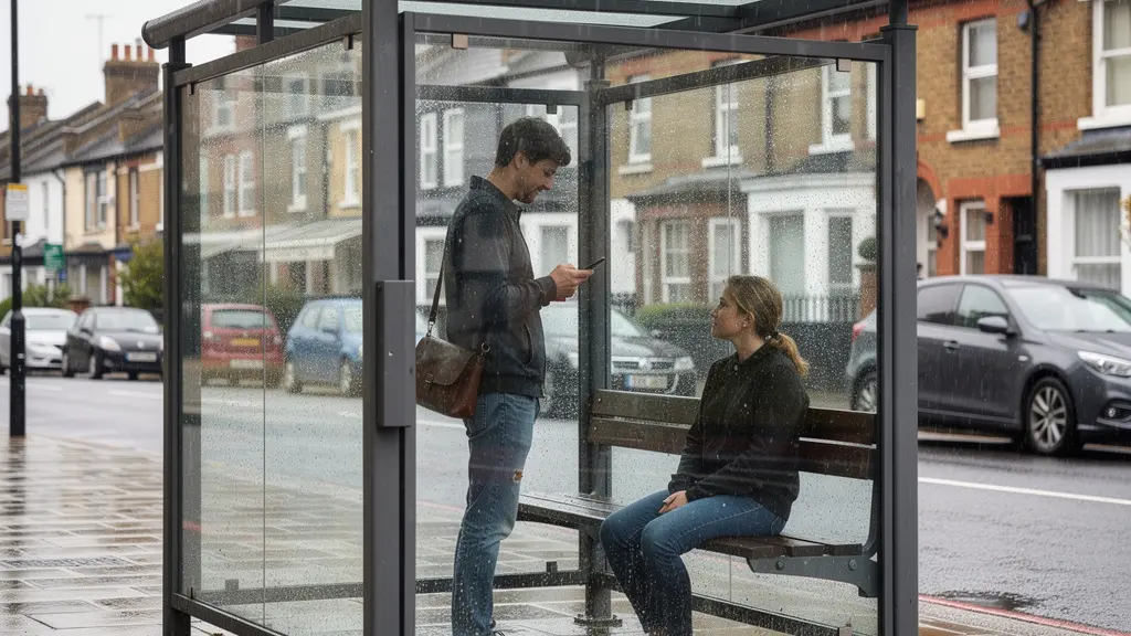 Covered bus shelter with waiting passengers on rainy British street