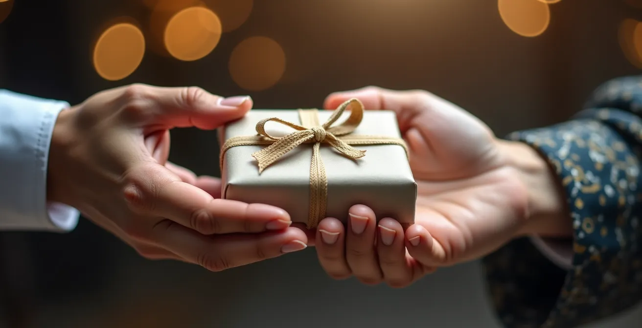Professional hands exchanging a culturally appropriate business gift wrapped in elegant paper