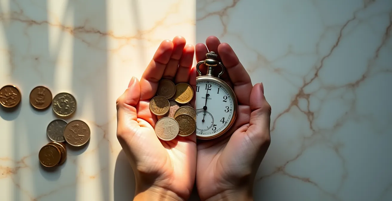 Split composition showing contrasting travel booking scenarios of money versus time