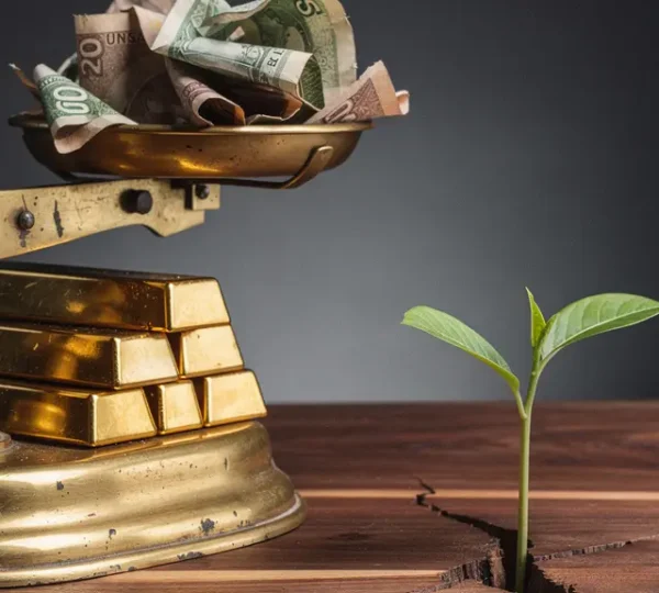 Symbolic arrangement of gold bars, currency notes, and a balance scale representing asset protection strategies during hyperinflation cycles