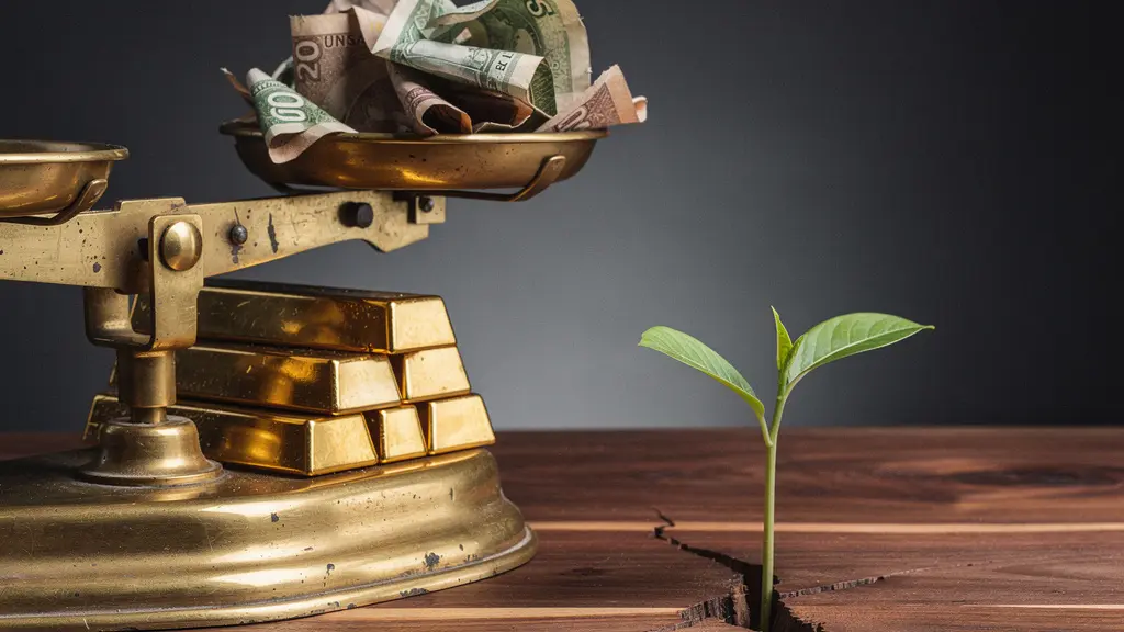 Symbolic arrangement of gold bars, currency notes, and a balance scale representing asset protection strategies during hyperinflation cycles