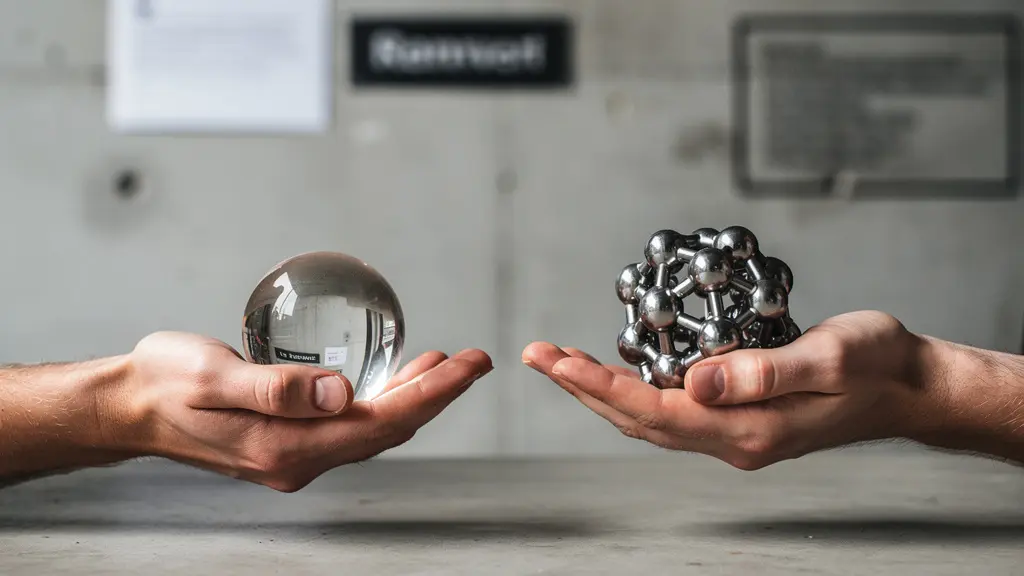 A single fragile glass sphere next to a cluster of interconnected steel spheres on a concrete surface, representing centralized versus decentralized security models