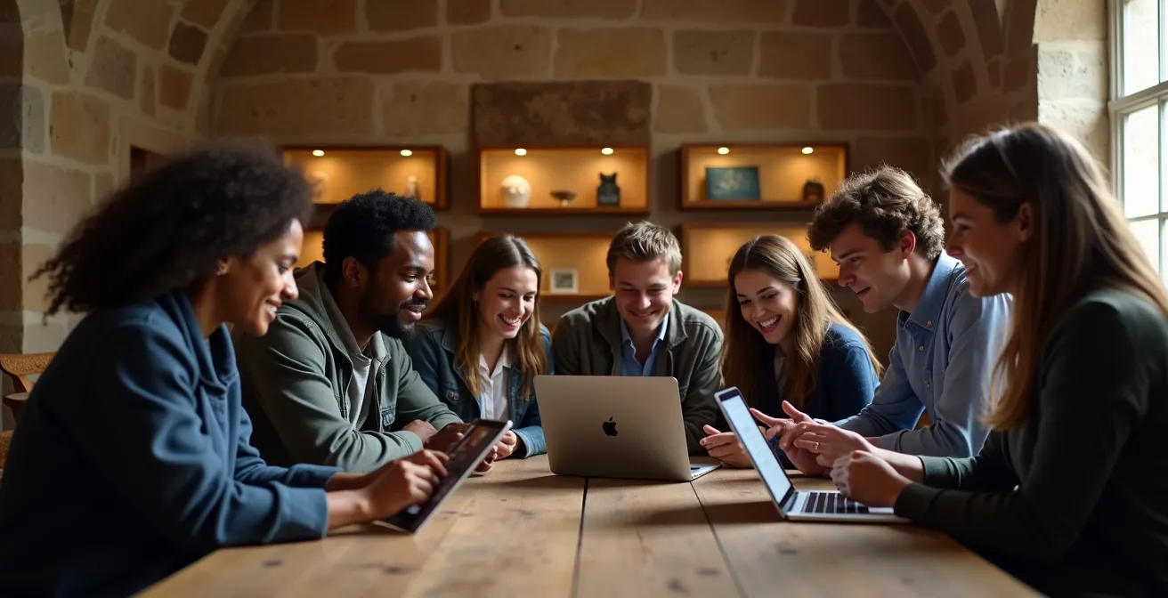 University students and heritage site staff collaborating on AR development using tablets and laptops in a historic setting
