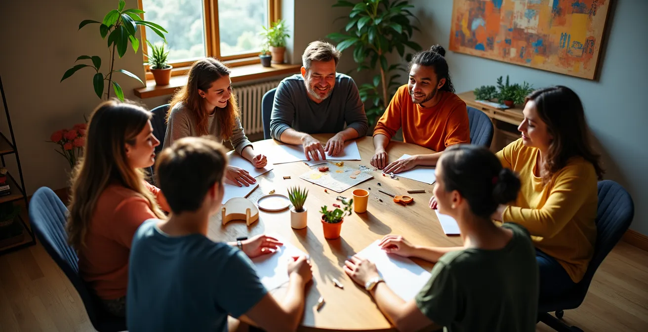 Travelers and locals collaborating in a community skill-sharing workshop, representing ethical engagement.