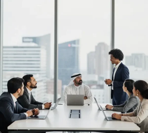 Diverse global team members collaborating around modern conference table with cultural elements