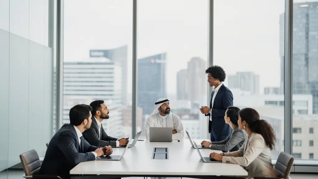 Diverse global team members collaborating around modern conference table with cultural elements