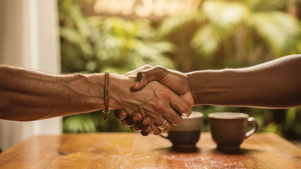 A warm editorial portrait of two hands engaged in a firm handshake across a wooden table with warm ambient lighting, symbolizing cultural integration and community dispute resolution.