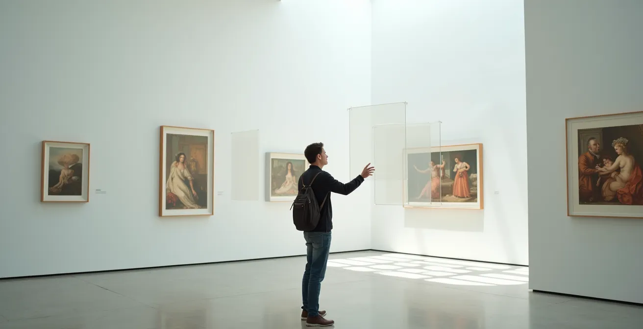 Person gesturing at floating digital art frames in an immersive gallery space