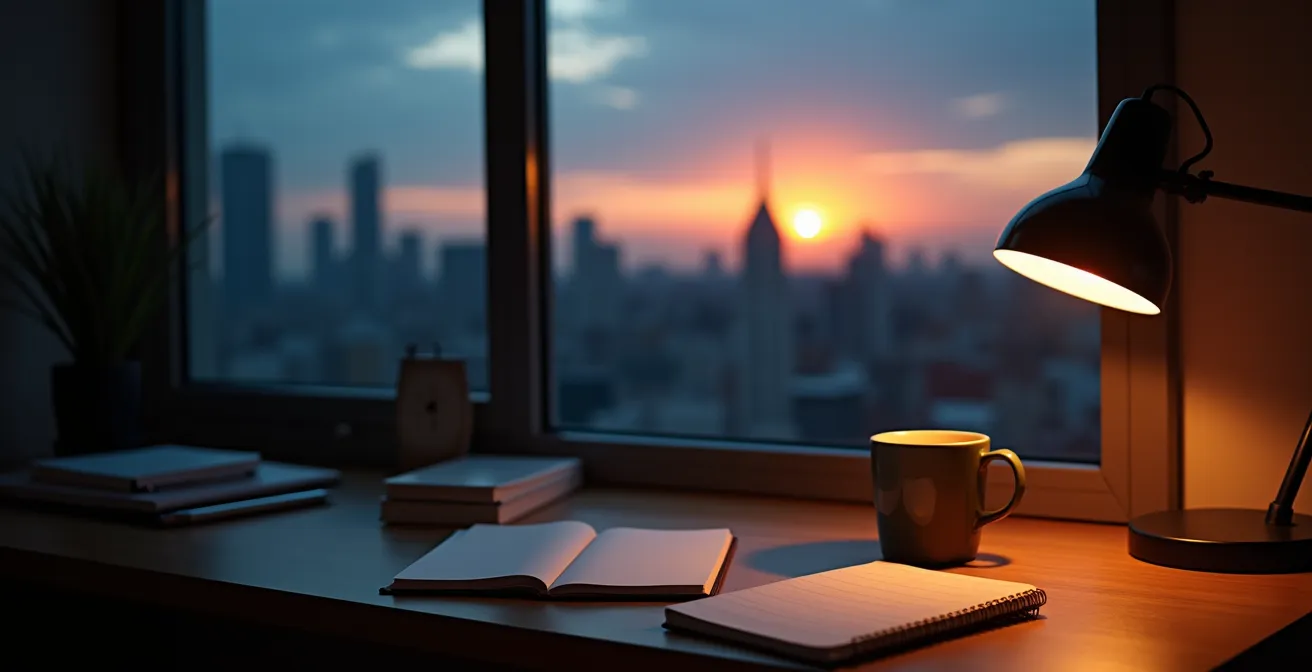 Early morning workspace with natural light suggesting peak productivity timing