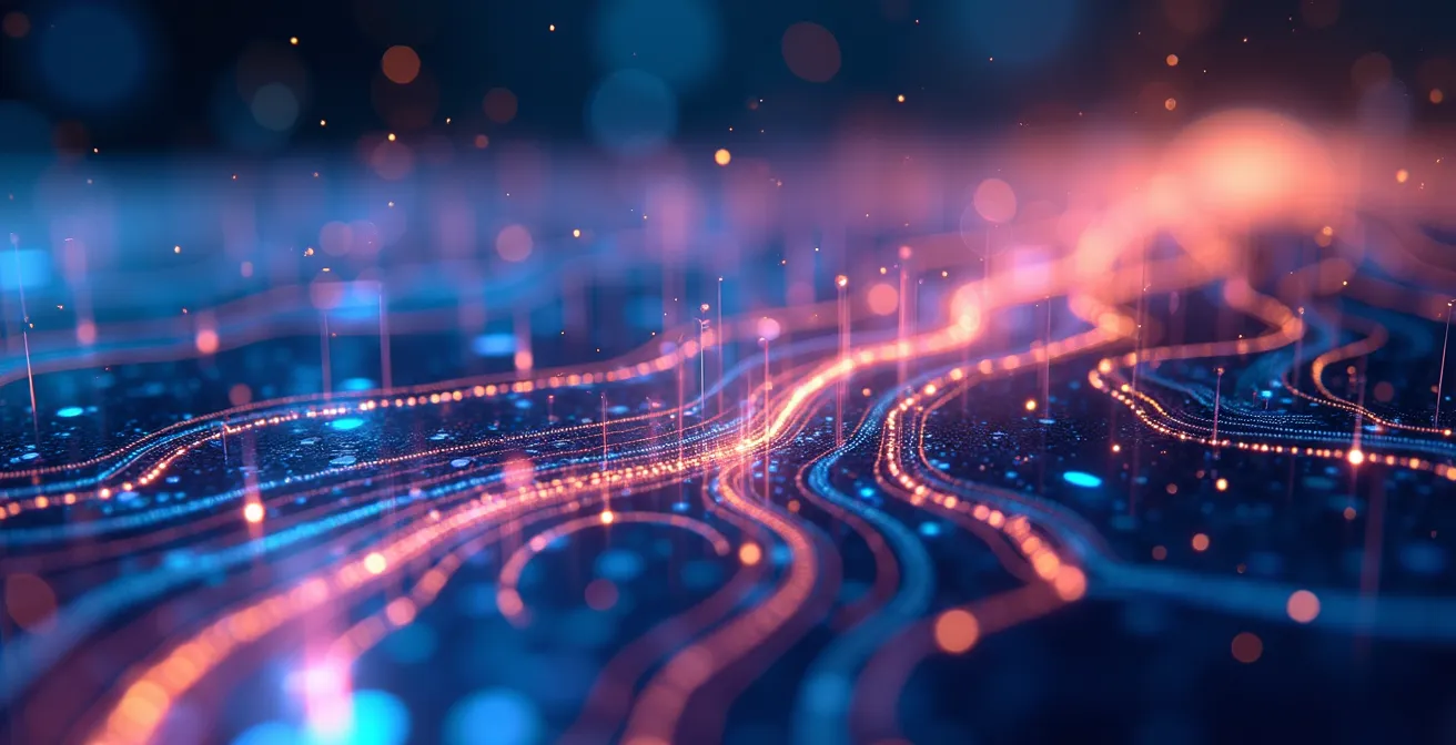 Extreme close-up visualization of digital data patterns representing metadata tracking