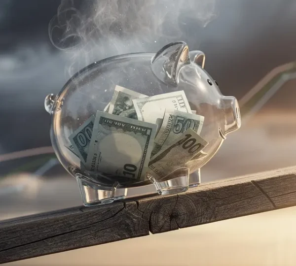 Abstract visualization of shifting economic paradigms threatening savings strategies during inflation