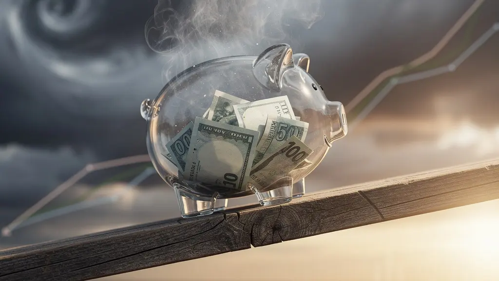 Abstract visualization of shifting economic paradigms threatening savings strategies during inflation