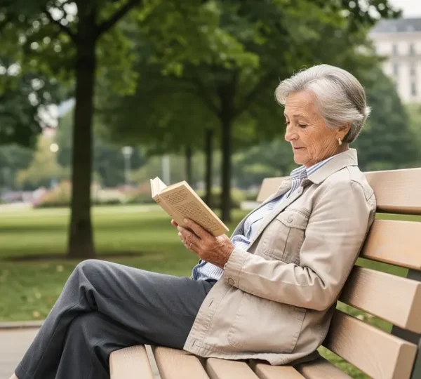 Elderly visitor sitting comfortably on ergonomic park bench with backrest in UK green space