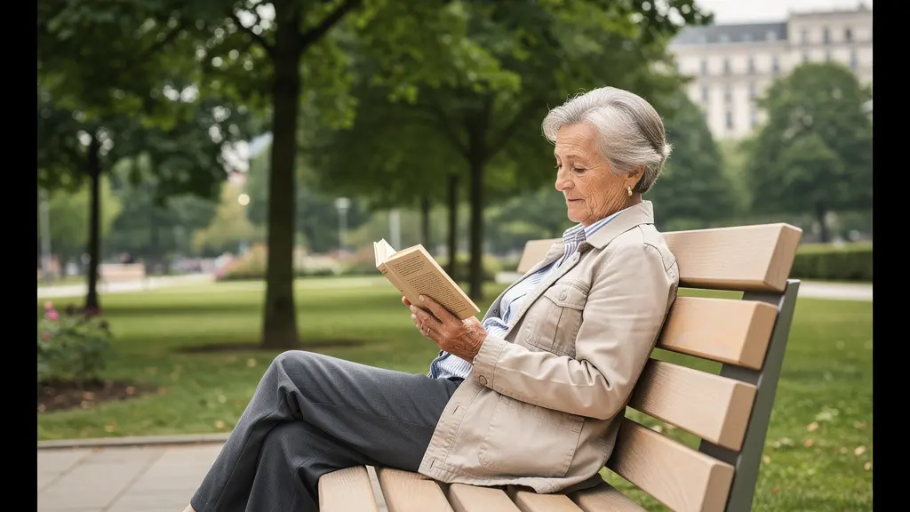 Elderly visitor sitting comfortably on ergonomic park bench with backrest in UK green space