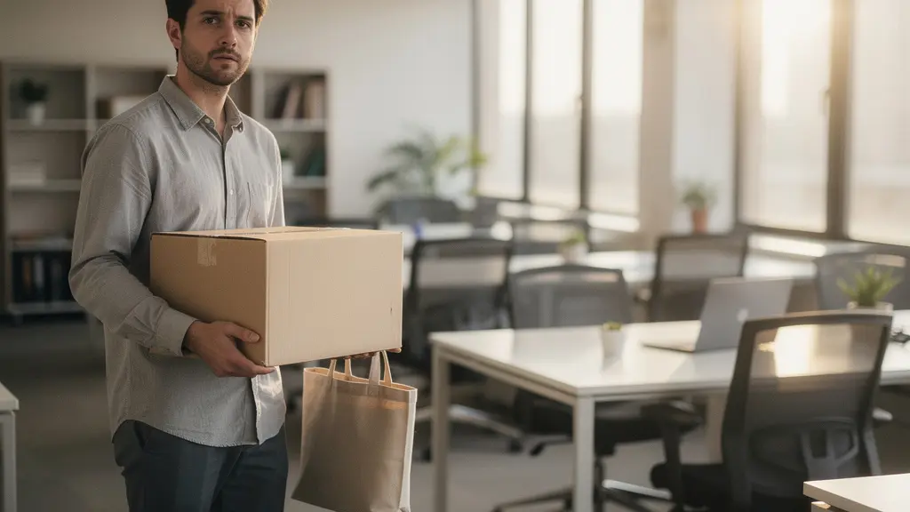 An employee standing alone in a quiet office with many empty desks, conveying post-layoff uncertainty and isolation.