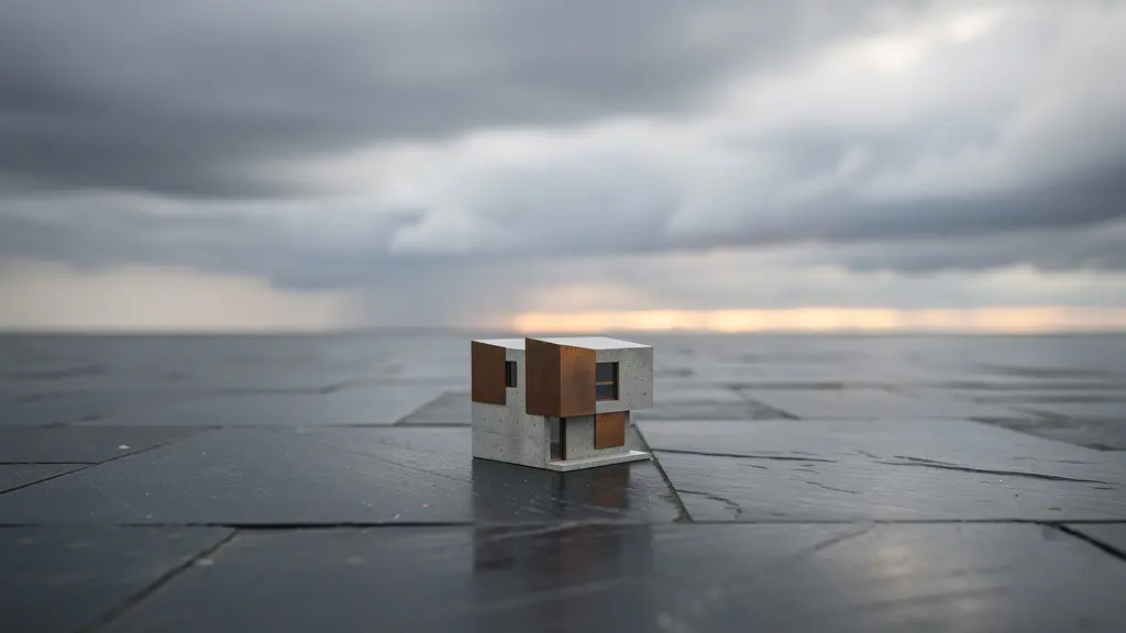 A lone modern house model on a vast empty surface under dramatic cloudy sky, symbolizing isolated real estate investment under financial pressure