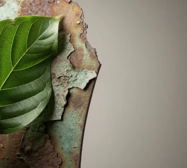 Close-up of a weathered green leaf partially peeled back to reveal a corroded industrial metal surface underneath, symbolizing the deceptive nature of greenwashing in ESG-labelled funds.
