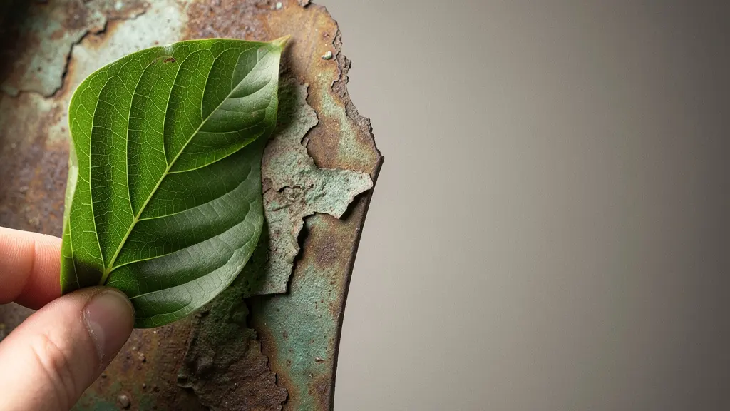 Close-up of a weathered green leaf partially peeled back to reveal a corroded industrial metal surface underneath, symbolizing the deceptive nature of greenwashing in ESG-labelled funds.
