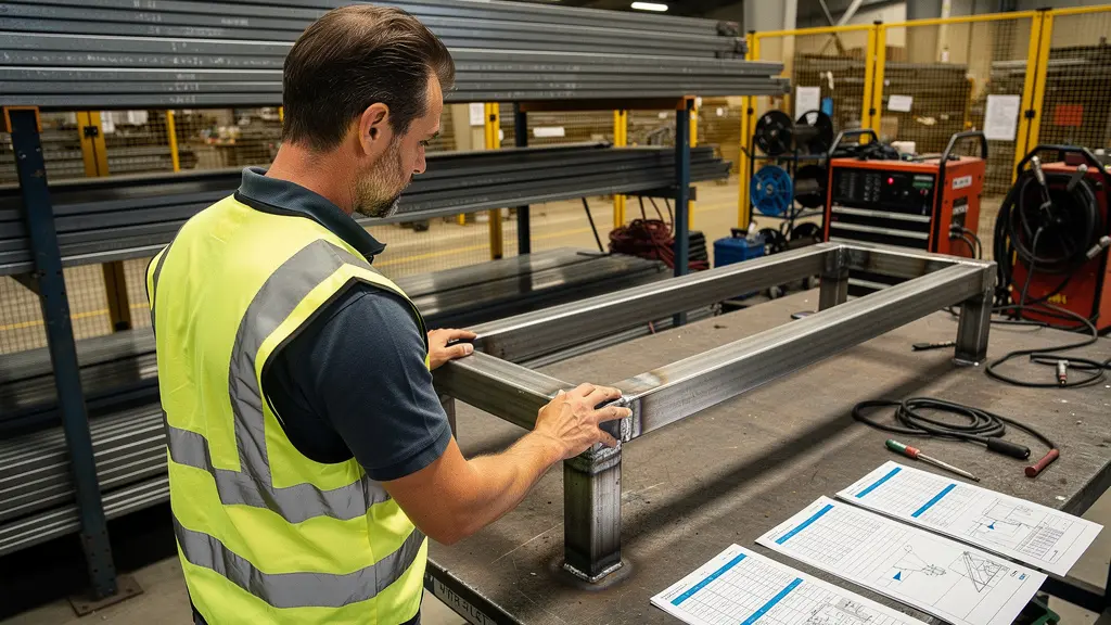 Technician inspecting welded steel bench frame in UK manufacturing workshop
