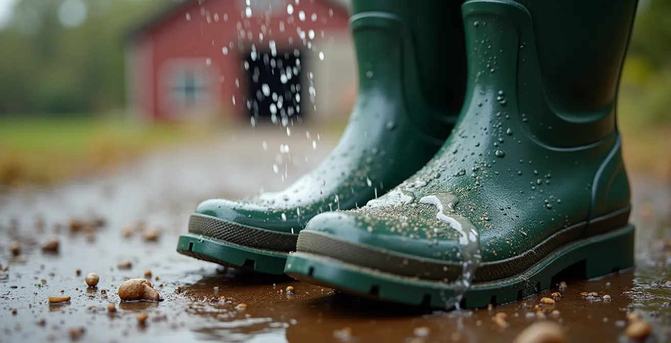 Visitors using boot cleaning station at farm entrance