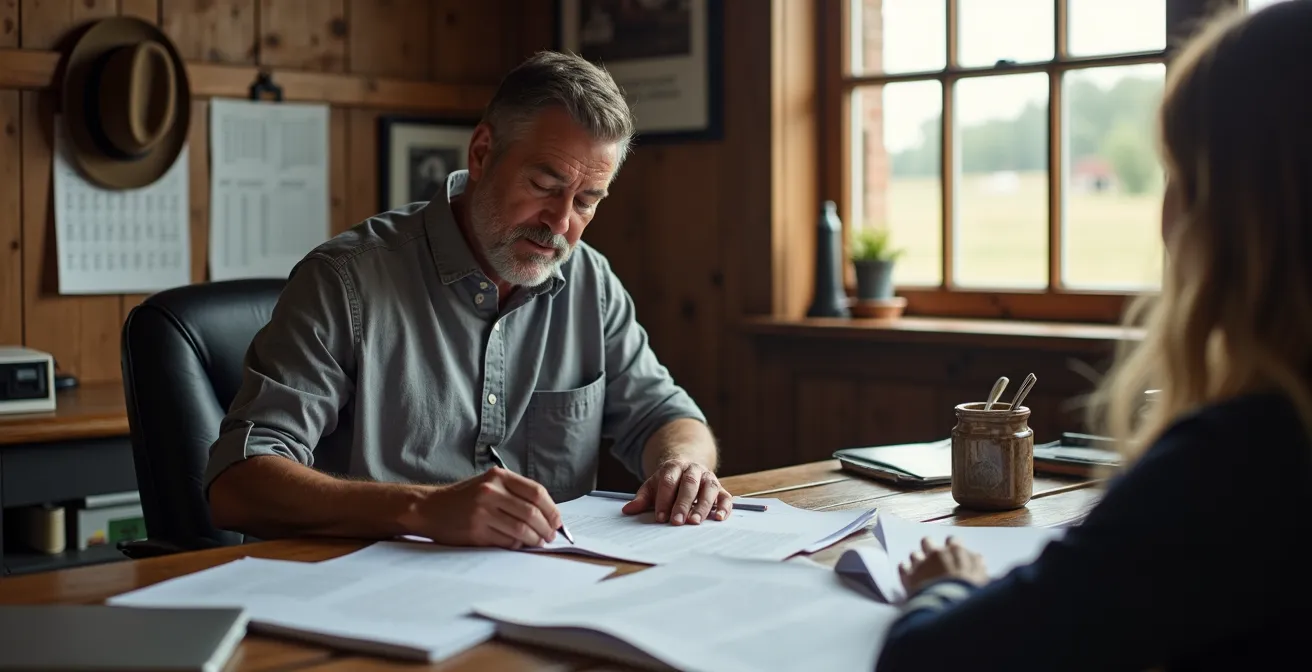 Farm owner reviewing safety protocols and insurance documentation