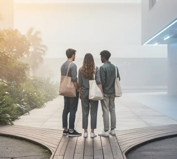 Diverse young consumers standing at a crossroads between vibrant storefronts, symbolizing ethical brand choices and consumer loyalty dilemmas