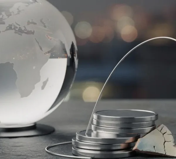 A realistic editorial still life showing a glass globe and blank metal tokens suggesting global fintech opportunity balanced against risk.