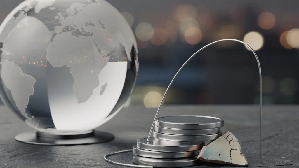 A realistic editorial still life showing a glass globe and blank metal tokens suggesting global fintech opportunity balanced against risk.