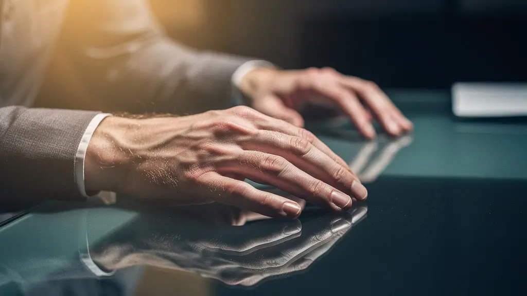 Close-up portrait of a focused investor's hands hovering over a reflective dark surface with golden light, conveying a moment of financial decision-making