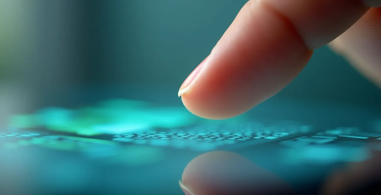 Close-up view of a finger touching a large button on a clean kiosk interface