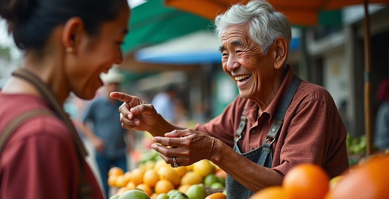 Traveler using hand gestures and simple phrases to communicate with a smiling local vendor at a neighborhood market.