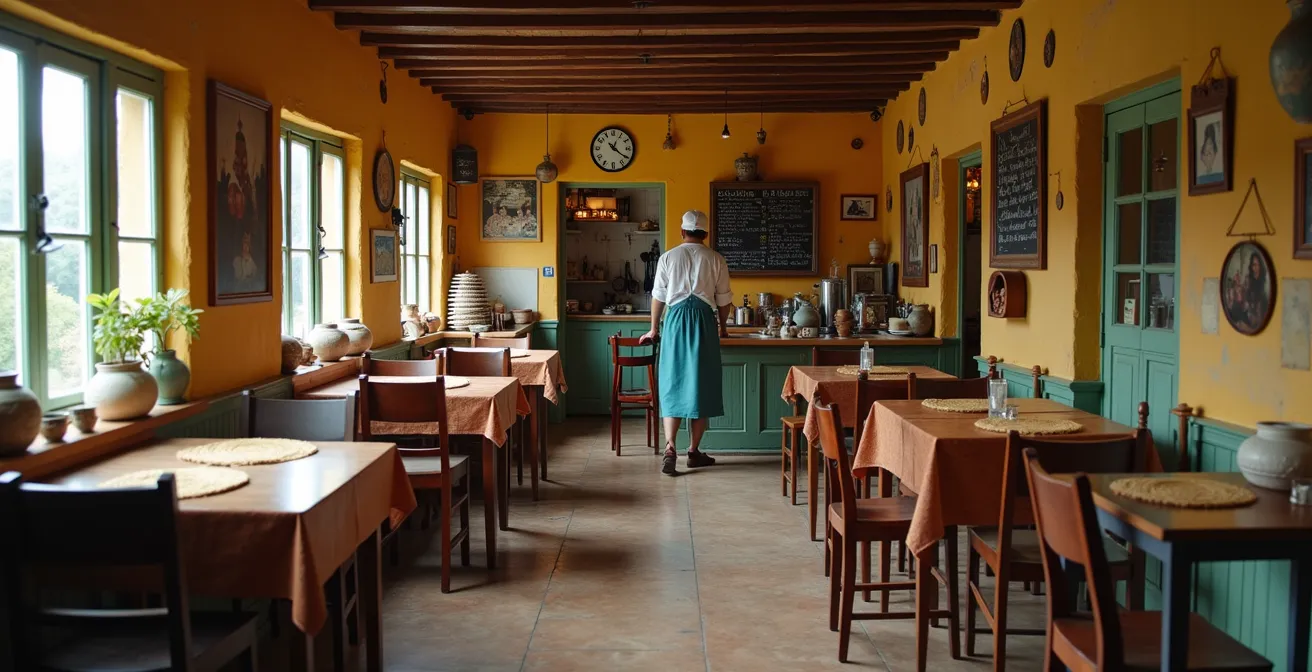 Interior of authentic local family restaurant with traditional decor and warm atmosphere
