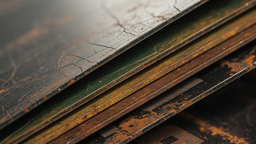 Extreme close-up macro photograph of layered industrial metal sheets with visible oxidation and patina, symbolizing the hidden layers of corporate emissions data beneath the surface.